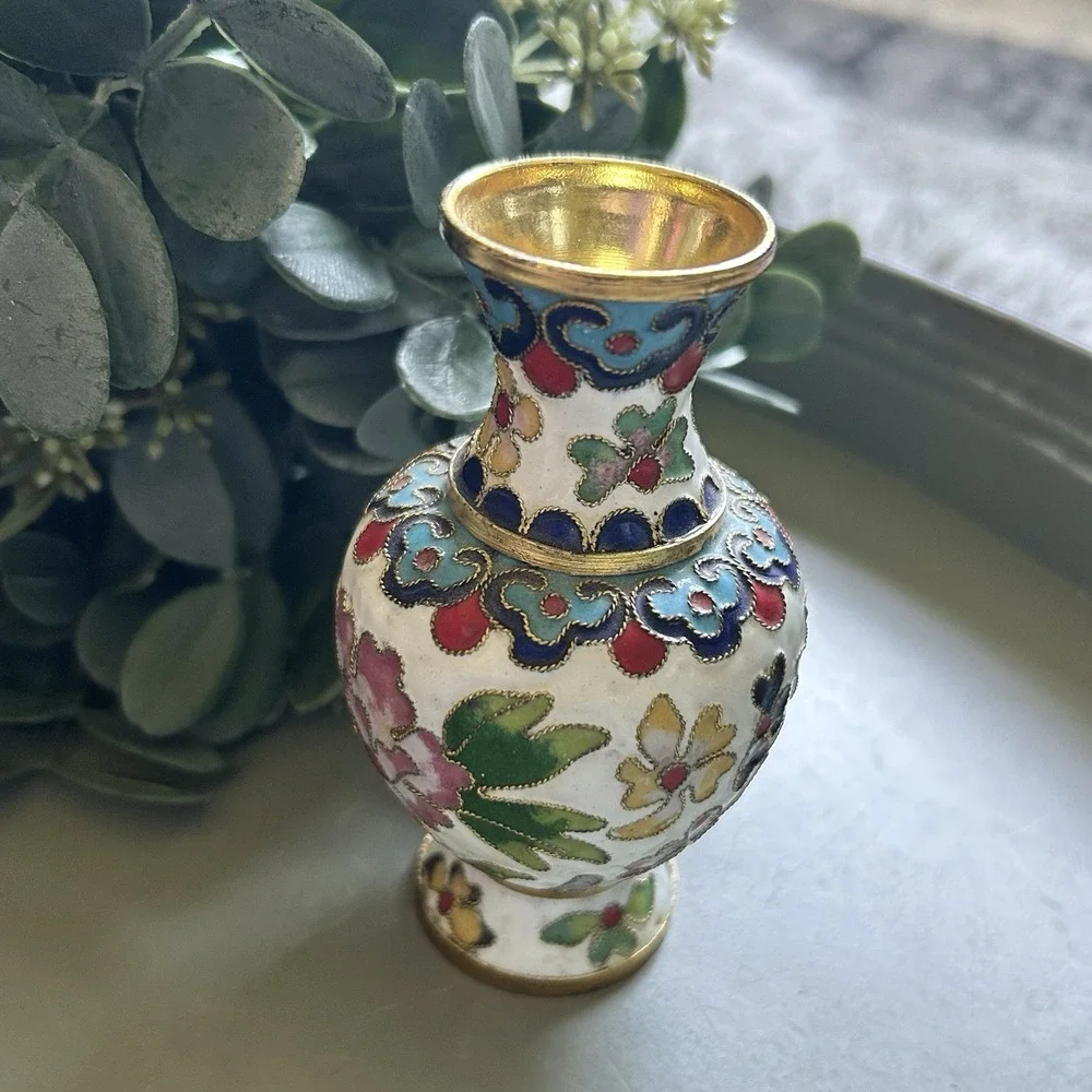 Amazing Vintage Asian Cloisonne Enamel Flower Vase 4